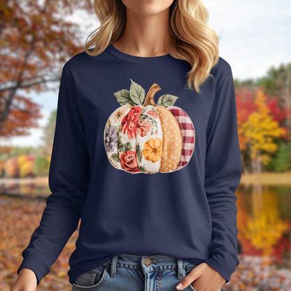 Faux Patchwork Pumpkin Long Sleeve Tee