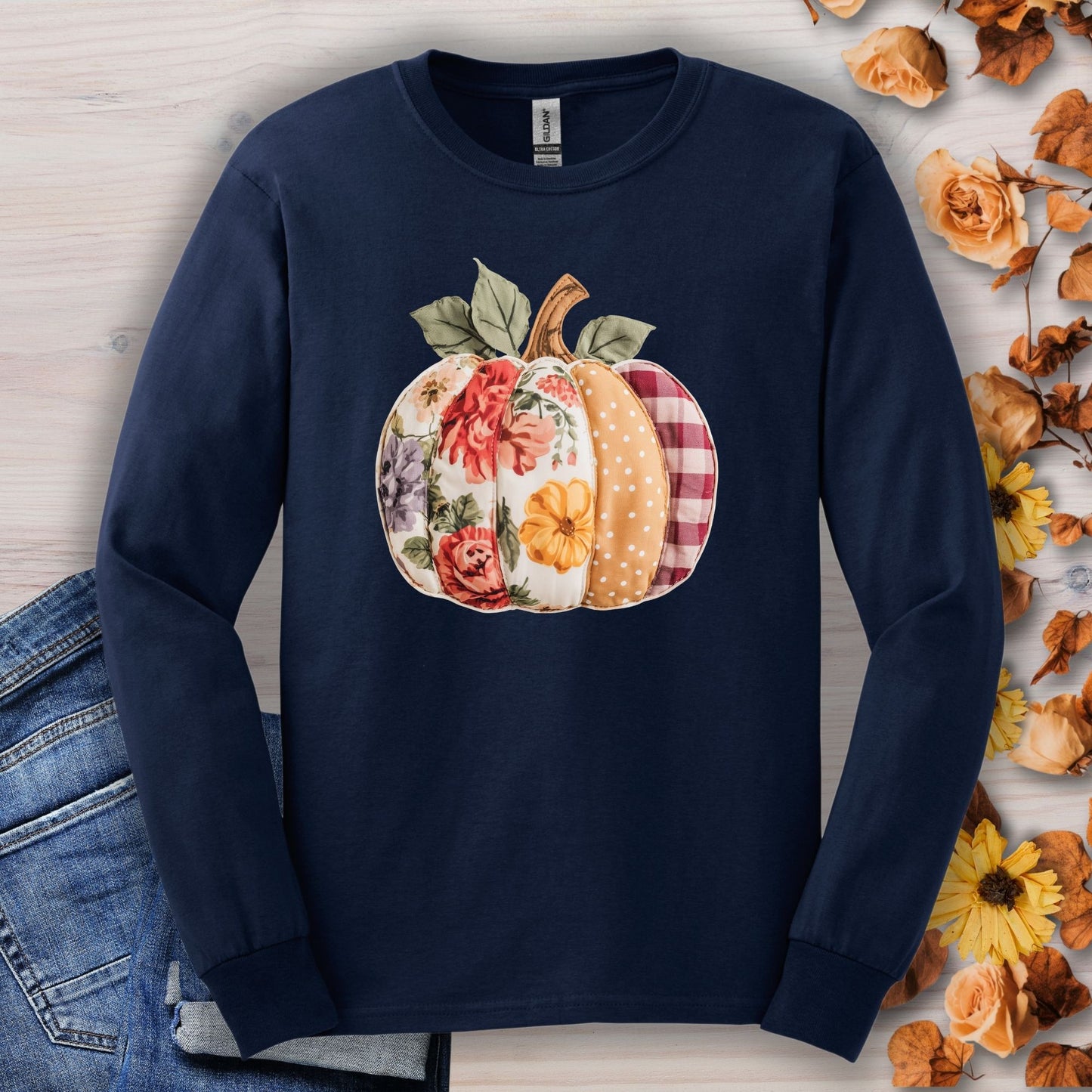 Faux Patchwork Pumpkin Long Sleeve Tee