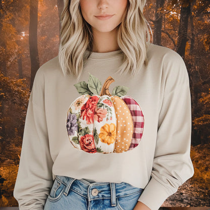 Faux Patchwork Pumpkin Long Sleeve Tee