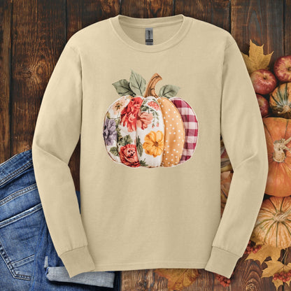 Faux Patchwork Pumpkin Long Sleeve Tee
