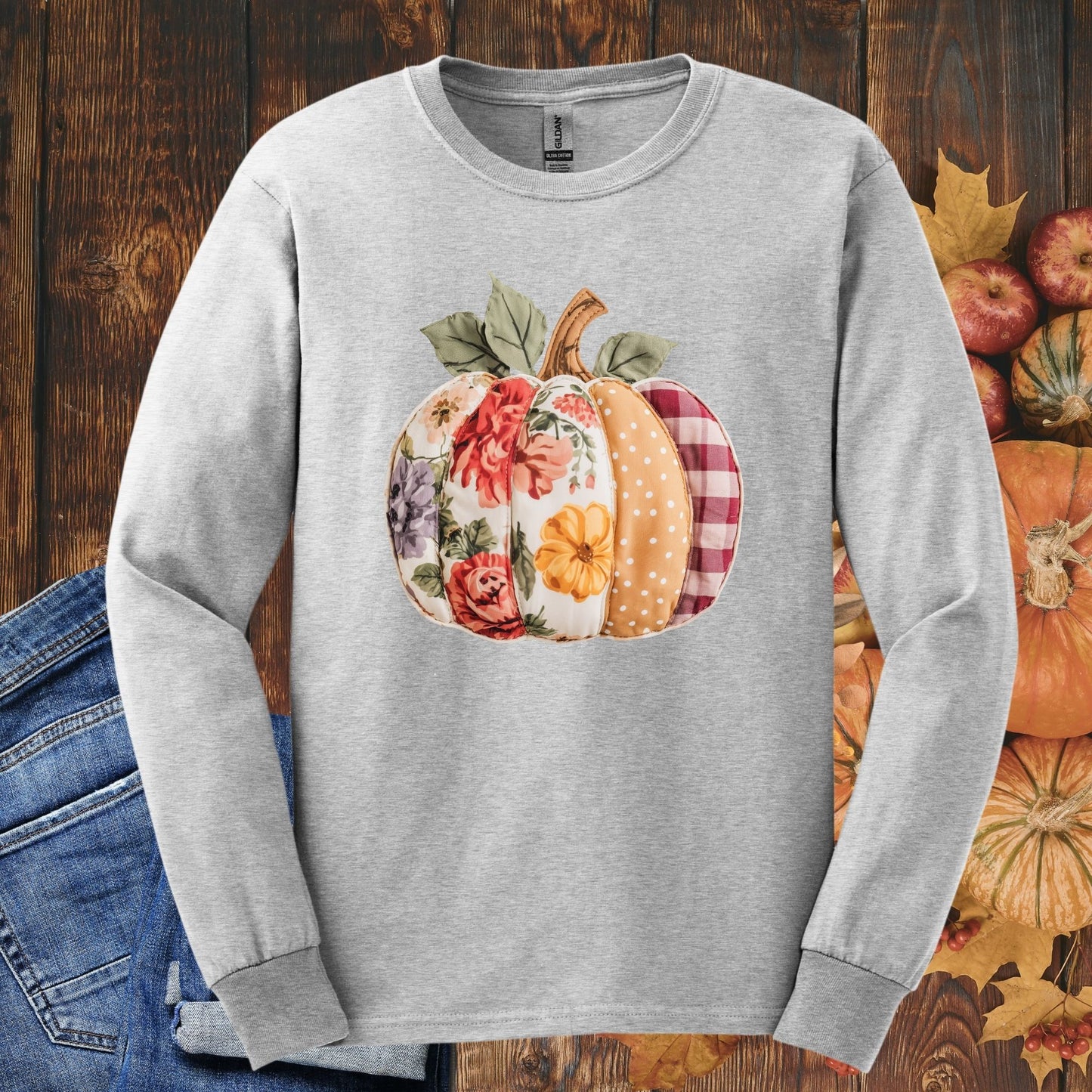 Faux Patchwork Pumpkin Long Sleeve Tee