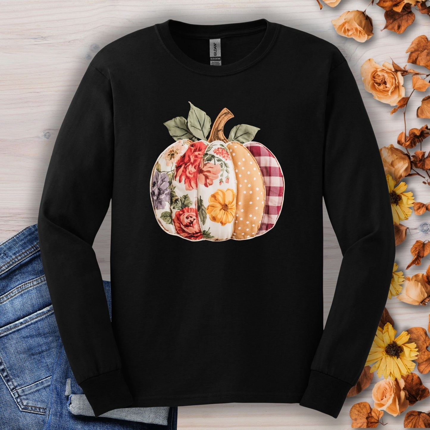 Faux Patchwork Pumpkin Long Sleeve Tee