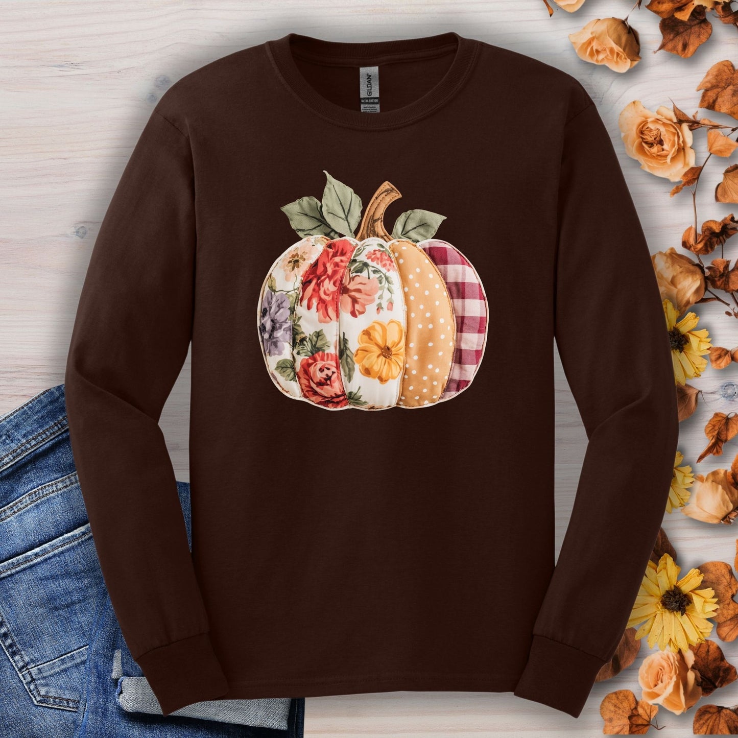 Faux Patchwork Pumpkin Long Sleeve Tee
