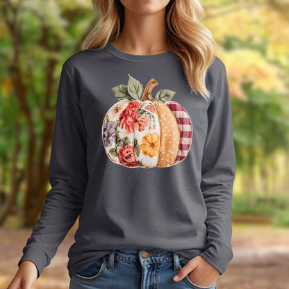 Faux Patchwork Pumpkin Long Sleeve Tee