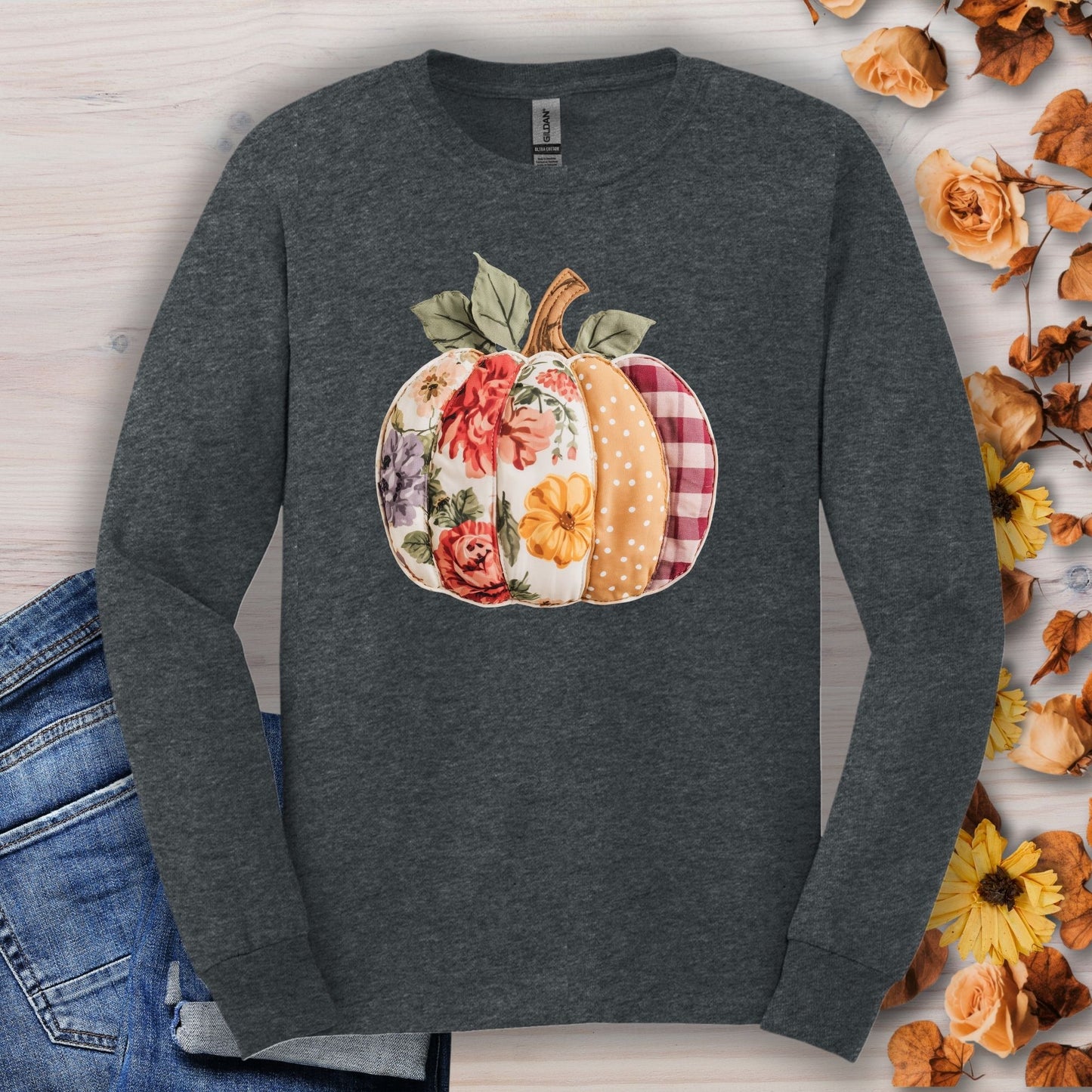 Faux Patchwork Pumpkin Long Sleeve Tee