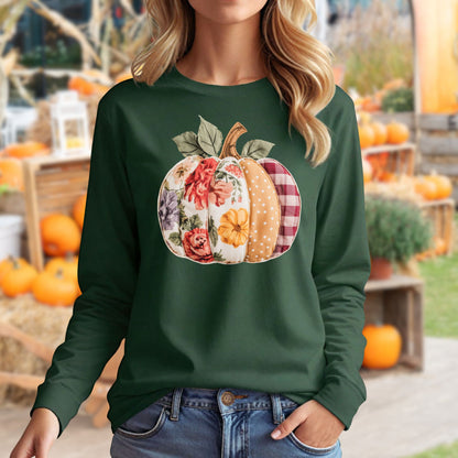 Faux Patchwork Pumpkin Long Sleeve Tee
