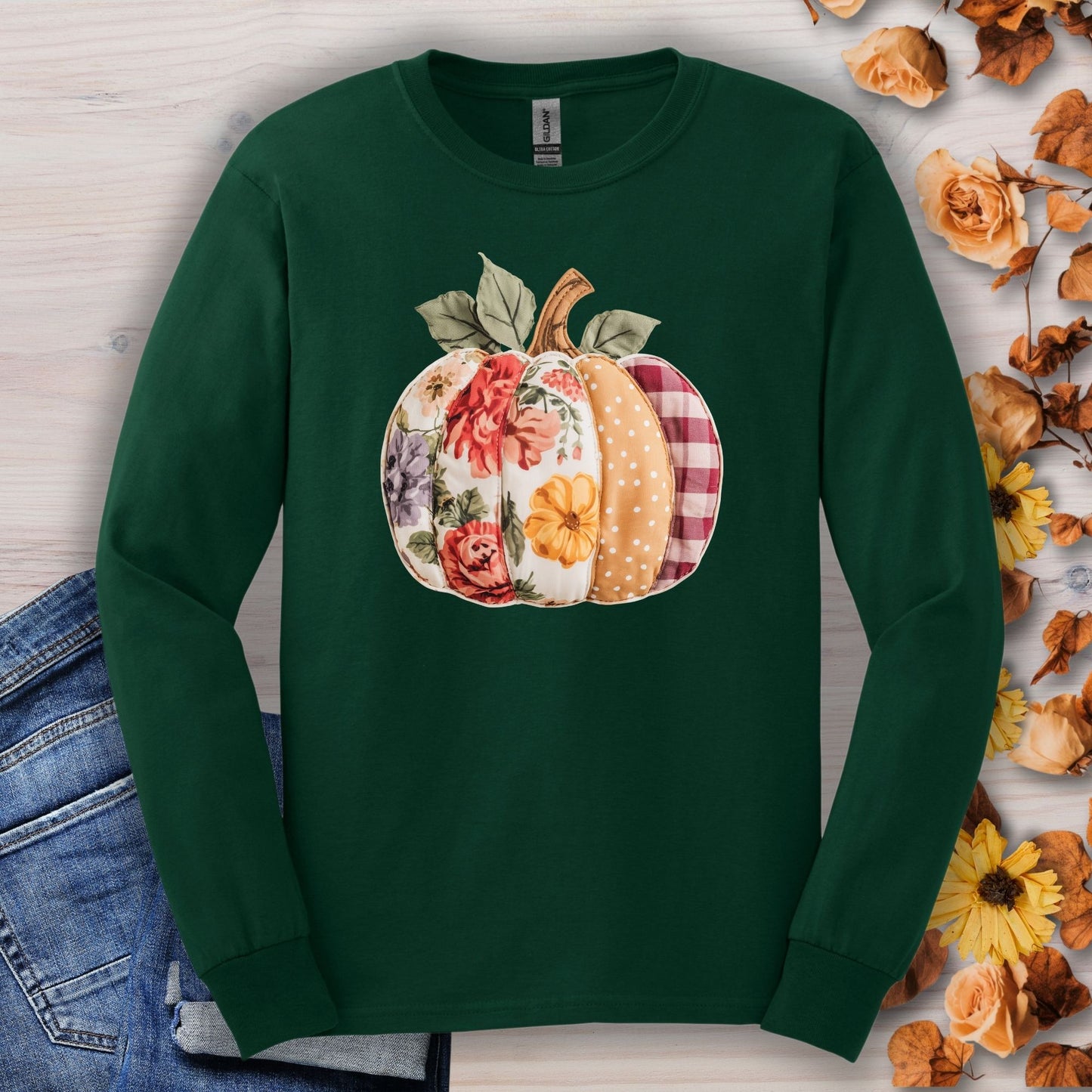 Faux Patchwork Pumpkin Long Sleeve Tee
