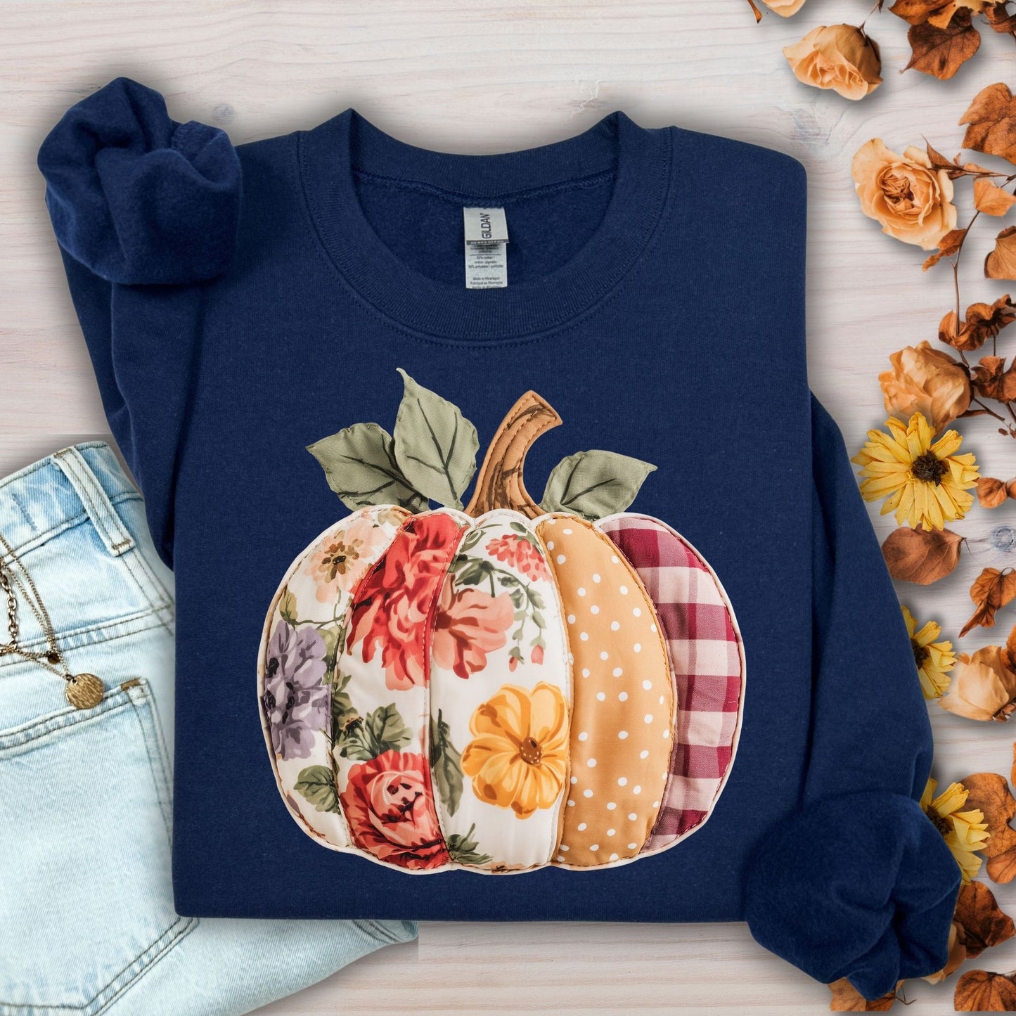 Faux Patchwork Pumpkin Sweatshirt