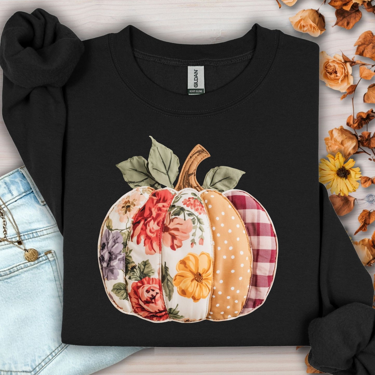 Faux Patchwork Pumpkin Sweatshirt