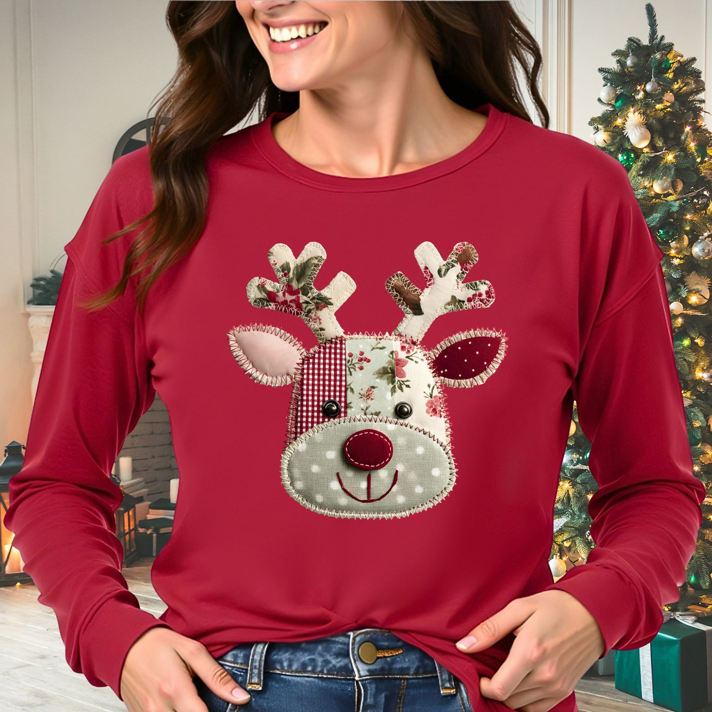 Faux Patchwork Rudolph Long Sleeve Tee