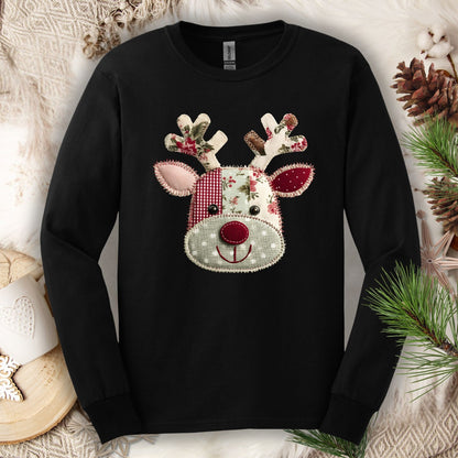 Black long sleeve tee with a faux patchwork Rudolph design in sage green, deep red, and cream.