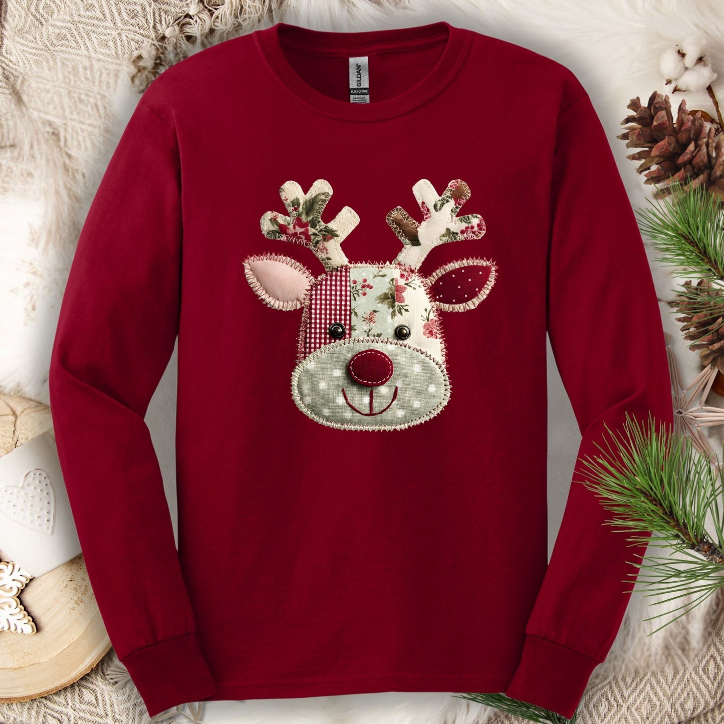 Cardinal Red Gildan long sleeve tee with faux patchwork Rudolph design.