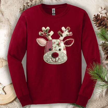 Cardinal Red Gildan long sleeve tee with faux patchwork Rudolph design.