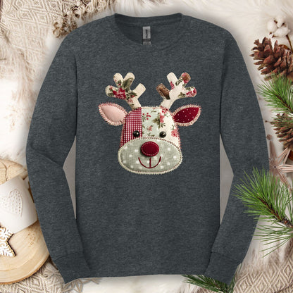 Dark heather long sleeve tee with a faux patchwork Rudolph design in sage green, deep red, and floral patterns.