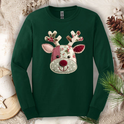 Forest Green long sleeve tee with a faux patchwork Rudolph design in sage green, deep red, and floral patterns.