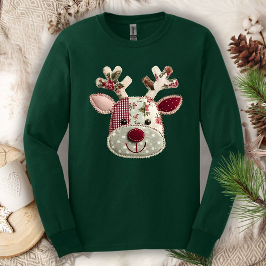 Forest Green long sleeve tee with a faux patchwork Rudolph design in sage green, deep red, and floral patterns.
