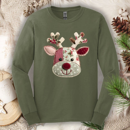 Military Green S long sleeve tee with a faux patchwork Rudolph design in sage green, deep red, and floral patterns.