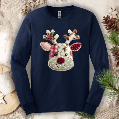 Navy long sleeve tee with a faux patchwork Rudolph design in sage green, deep red, gingham, and polka dots.