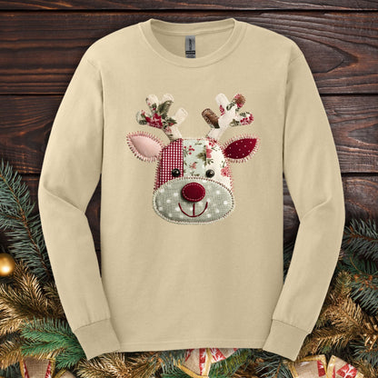 Sand long sleeve Gildan tee with a printed patchwork Rudolph design in sage green, deep red, and white.