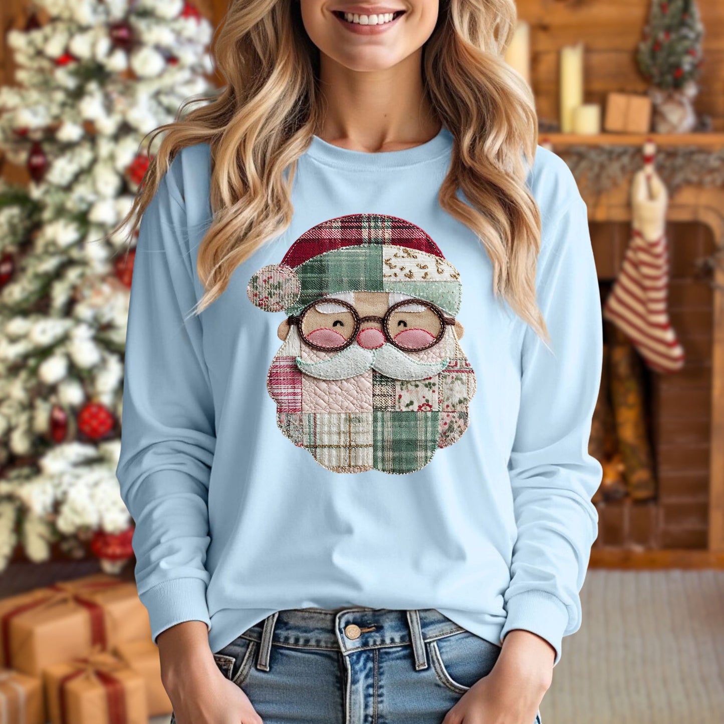 Faux Patchwork Santa Long Sleeve Tee