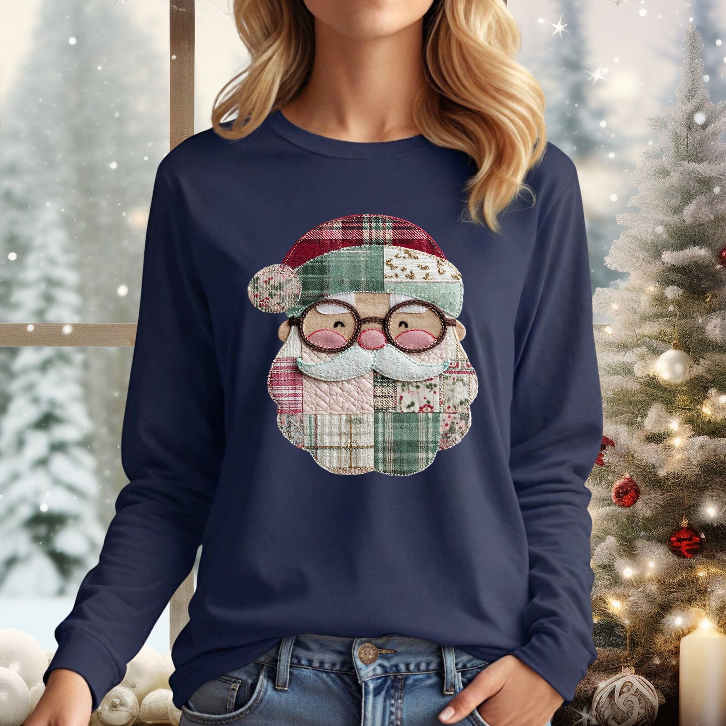 Faux Patchwork Santa Long Sleeve Tee