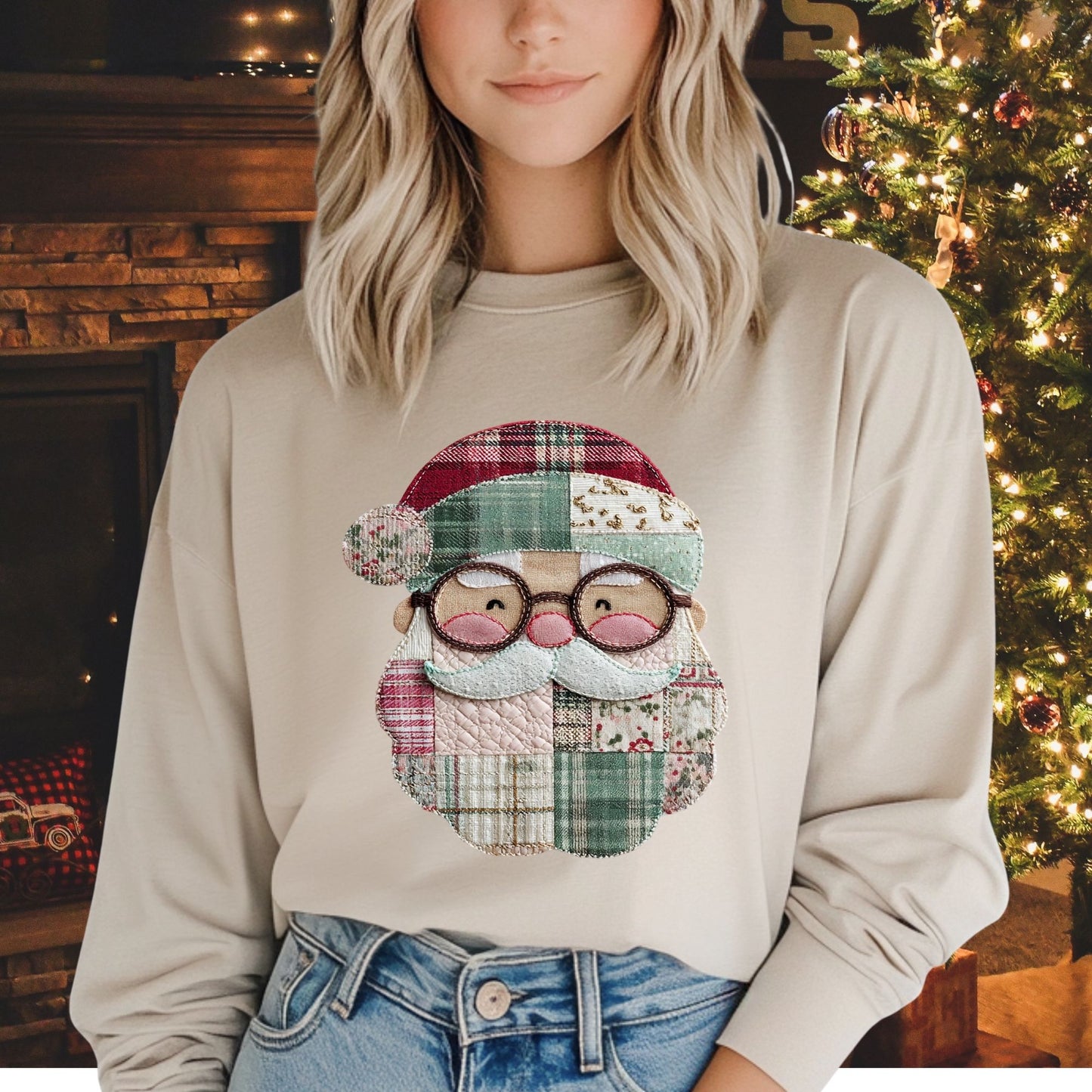 Faux Patchwork Santa Long Sleeve Tee