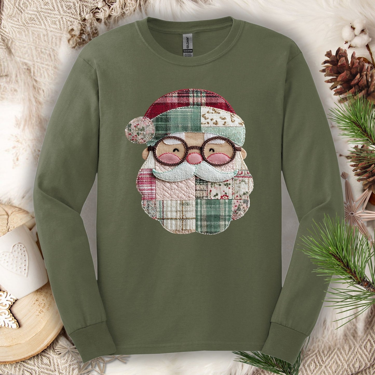 Faux Patchwork Santa Long Sleeve Tee