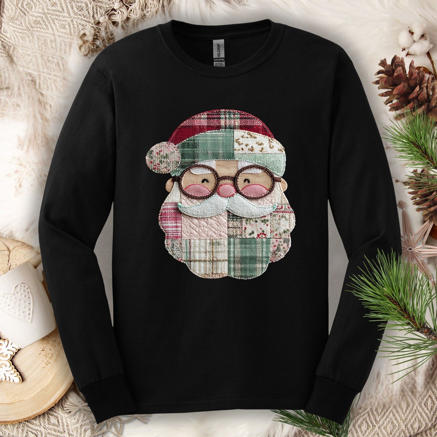 Faux Patchwork Santa Long Sleeve Tee