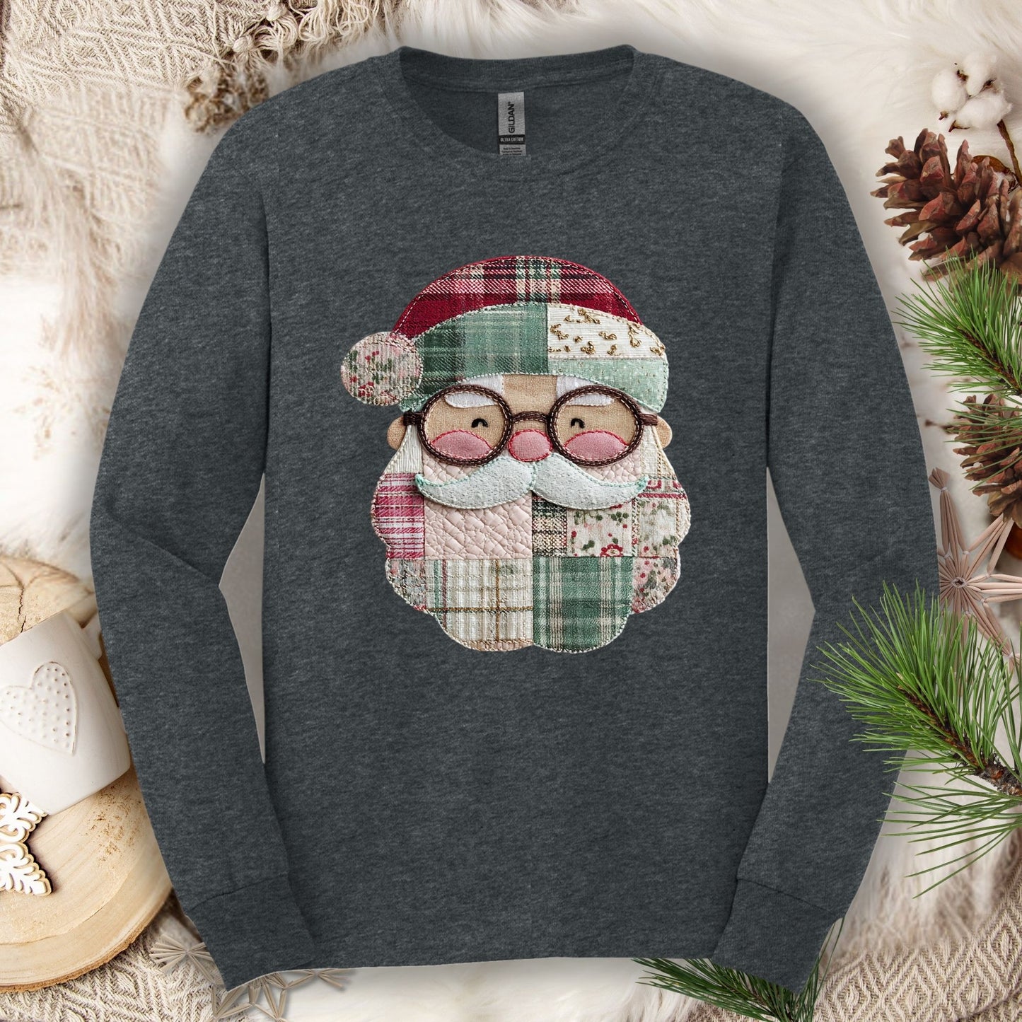 Faux Patchwork Santa Long Sleeve Tee