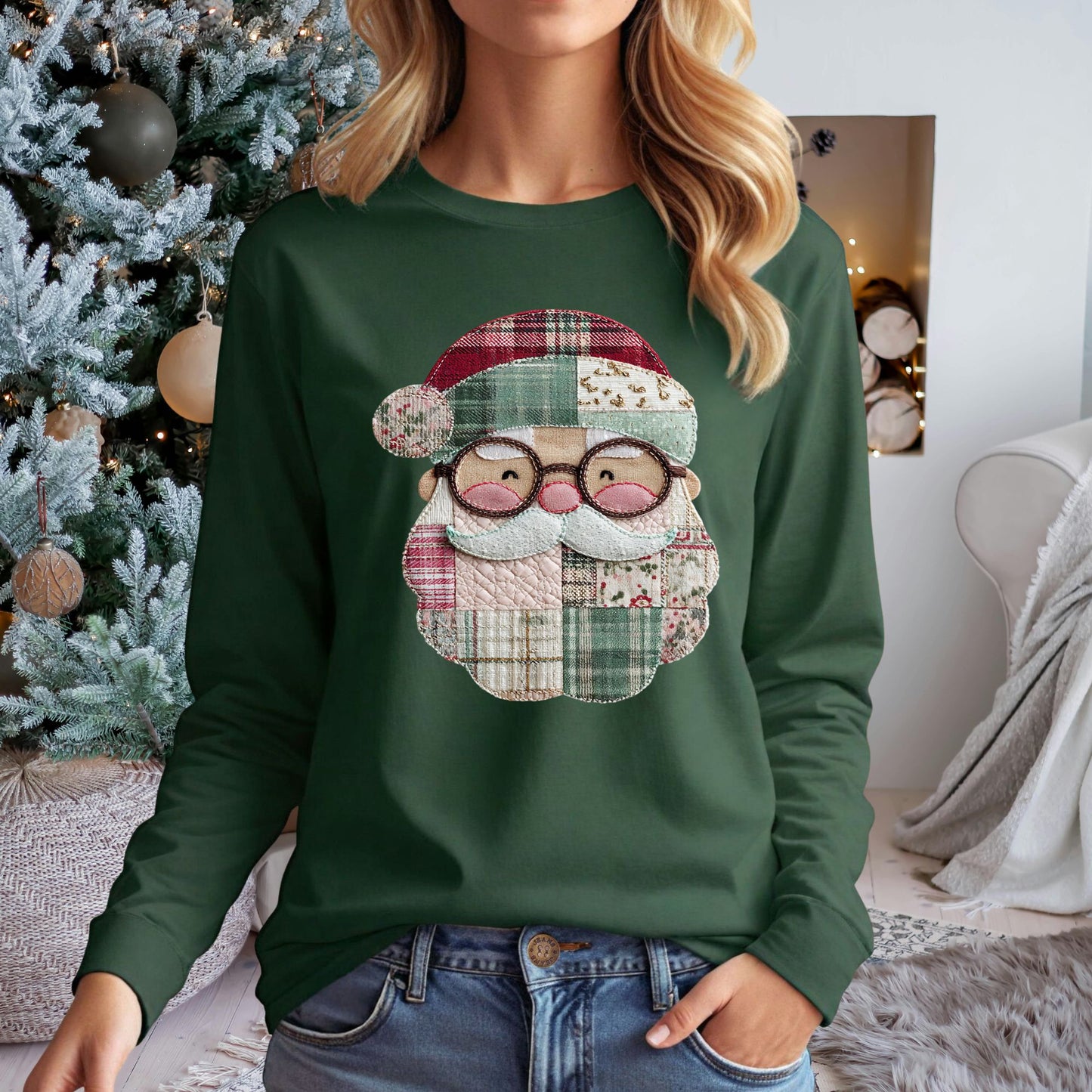 Faux Patchwork Santa Long Sleeve Tee