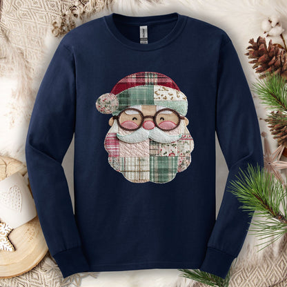 Navy long sleeve tee with a printed patchwork Santa face in red, cream, and green country-inspired fabrics.