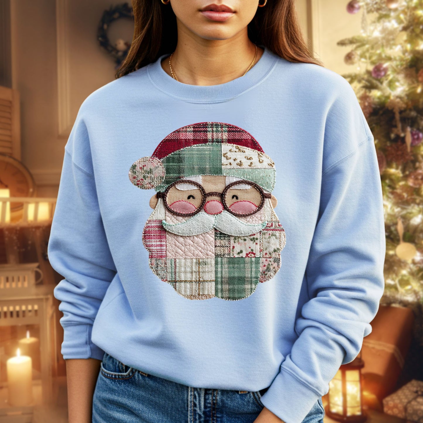 Faux Patchwork Santa Sweatshirt
