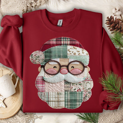Cardinal Red Gildan sweatshirt with a printed faux patchwork smiling Santa, featuring soft Christmas tones.