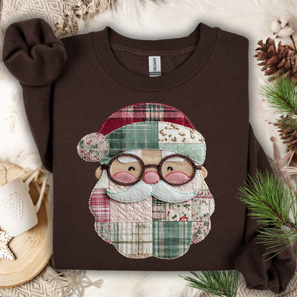 Dark Chocolate Gildan sweatshirt with a printed patchwork Santa face, featuring soft Christmas tones and cottagecore details.