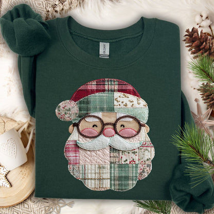 Forest Green Gildan sweatshirt with a printed faux patchwork smiling Santa, surrounded by winter decor.