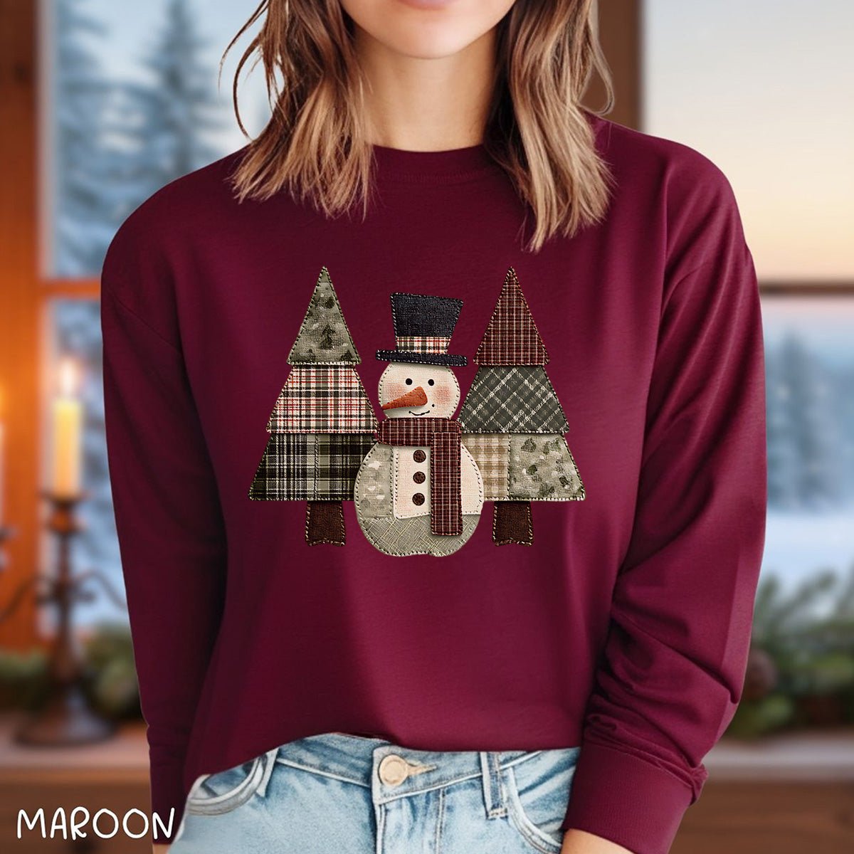 Faux Patchwork Snowman & Evergreens Long Sleeve Tee