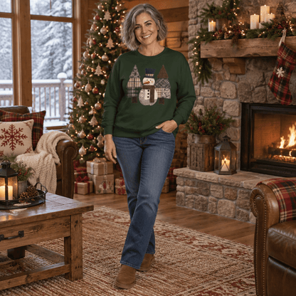 Faux Patchwork Snowman & Evergreens Long Sleeve Tee