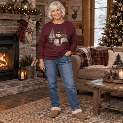 Faux Patchwork Snowman & Evergreens Long Sleeve Tee