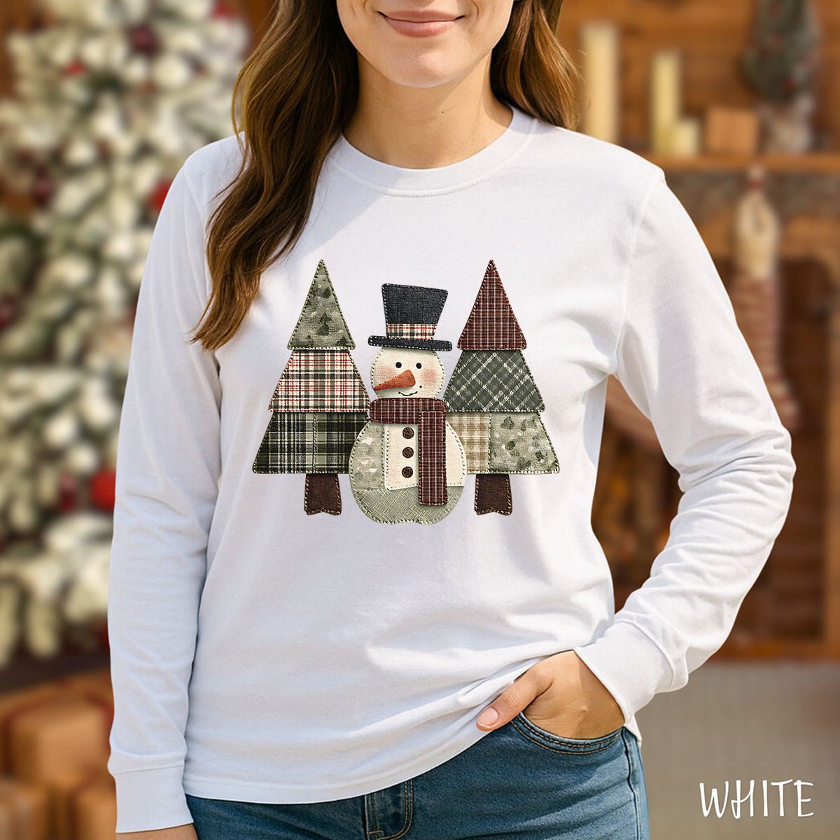 Faux Patchwork Snowman & Evergreens Long Sleeve Tee