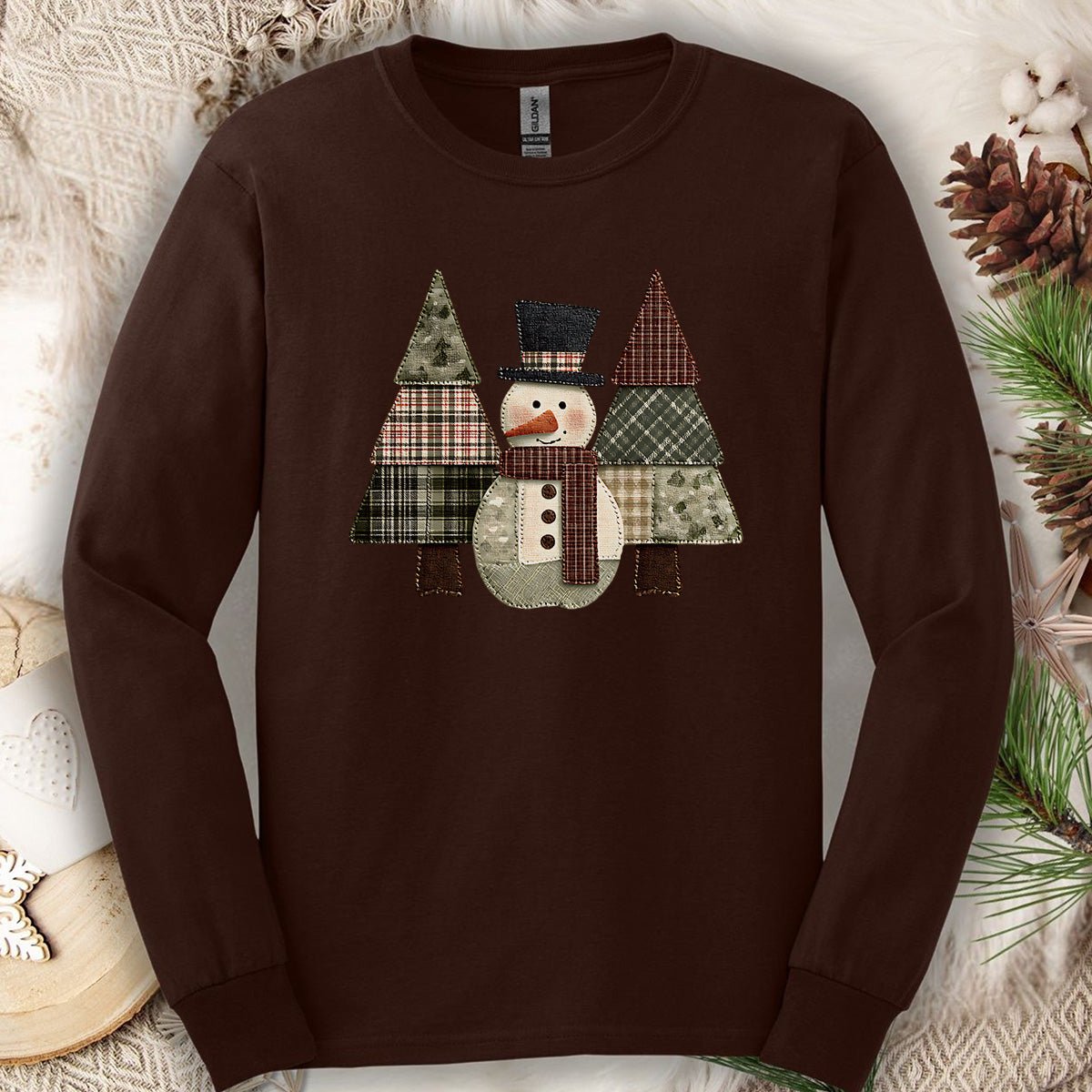Faux Patchwork Snowman & Evergreens Long Sleeve Tee