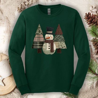 Faux Patchwork Snowman & Evergreens Long Sleeve Tee