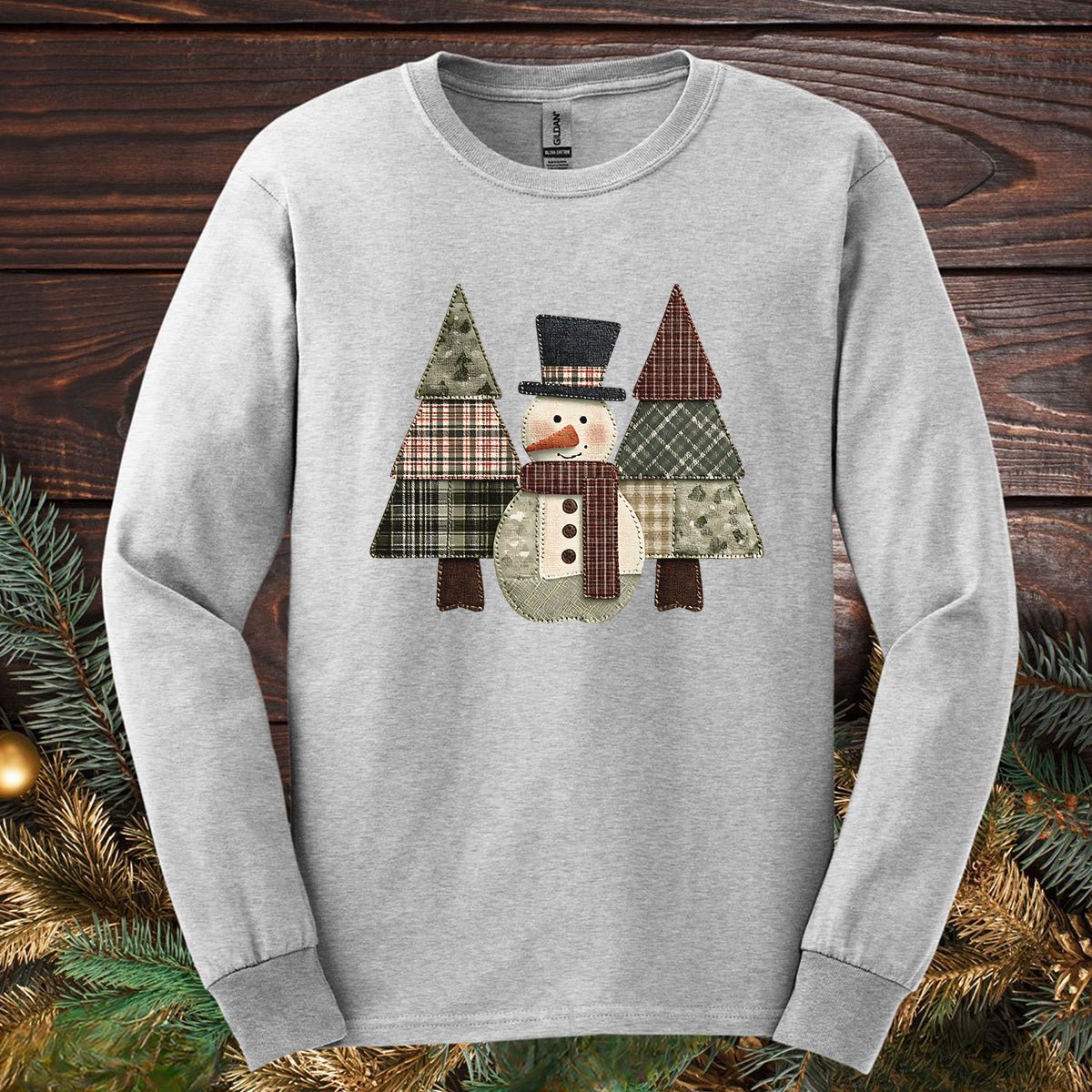 Faux Patchwork Snowman & Evergreens Long Sleeve Tee