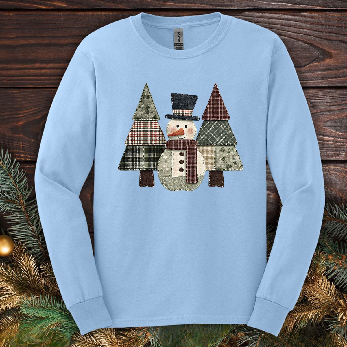 Faux Patchwork Snowman & Evergreens Long Sleeve Tee