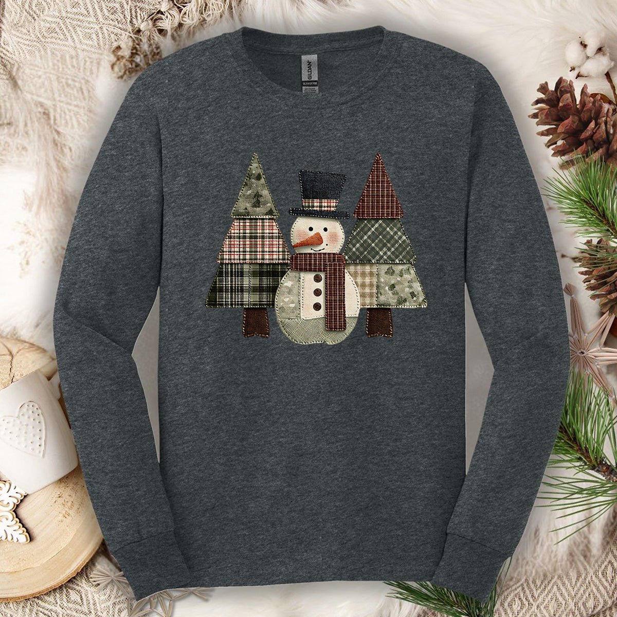 Faux Patchwork Snowman & Evergreens Long Sleeve Tee
