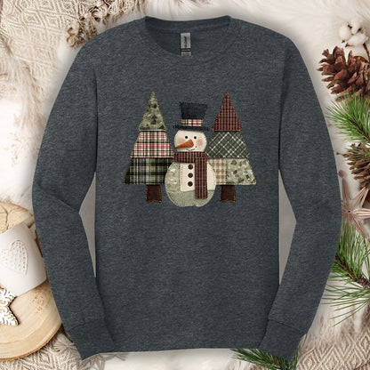 Faux Patchwork Snowman & Evergreens Long Sleeve Tee