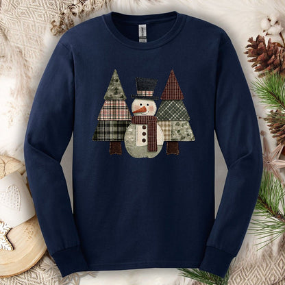 Faux Patchwork Snowman & Evergreens Long Sleeve Tee