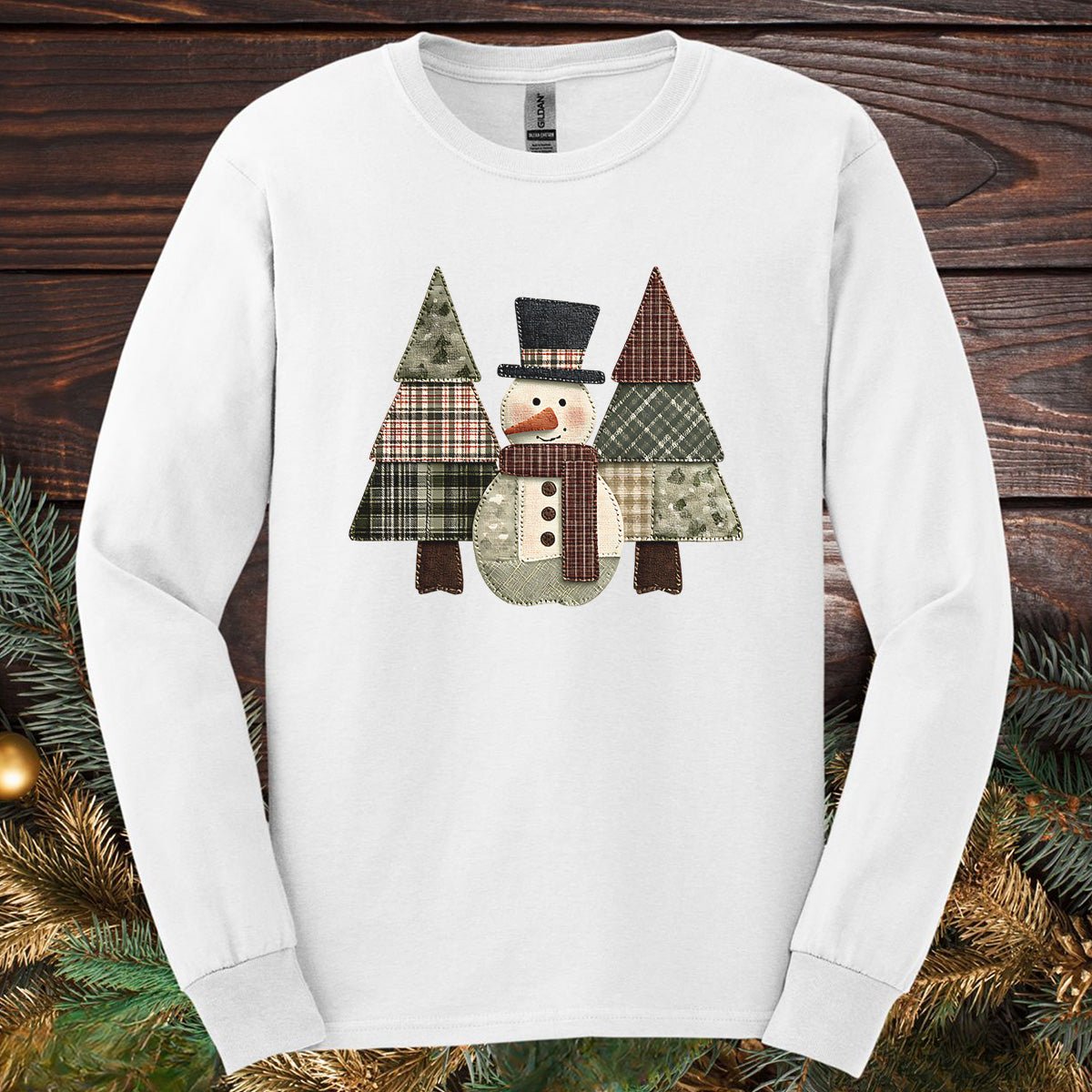 Faux Patchwork Snowman & Evergreens Long Sleeve Tee