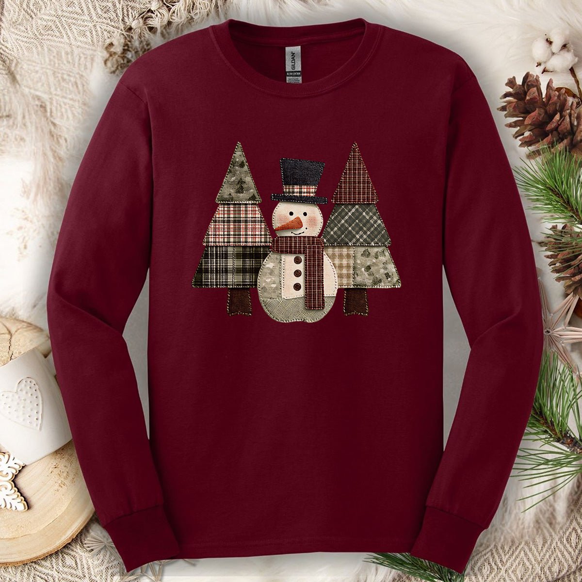 Faux Patchwork Snowman & Evergreens Long Sleeve Tee