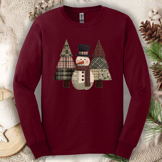 Faux Patchwork Snowman & Evergreens Long Sleeve Tee