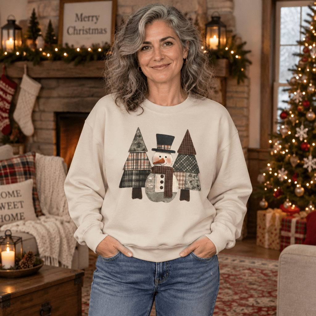 Faux Patchwork Snowman & Evergreens Sweatshirt